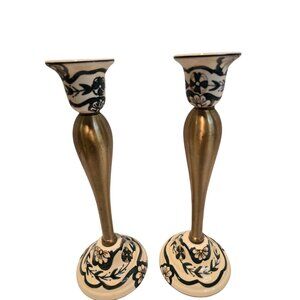 2 French County Ceramic & Gold Metal Candlestick Holders 10" Festive Holiday